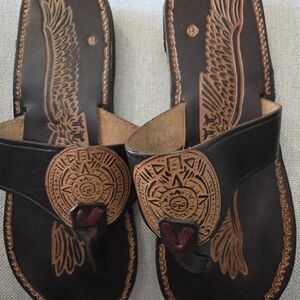 Brown and Black Leather Sandals with Carved Design